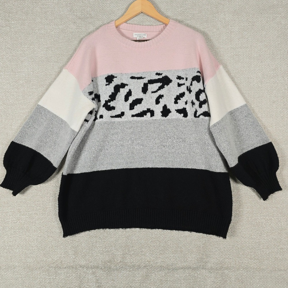ChicSoul Womens 1X Colorblock Leopard Print Balloon Sleeve Sweater MT2002 Pink